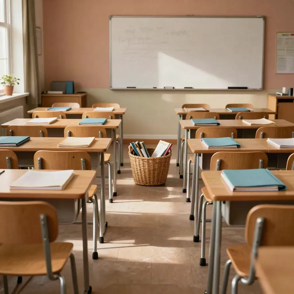 Pusta klasa z 24 krzesłami, niebieskimi zestawami do czytania i zasłoniętą tablicą.