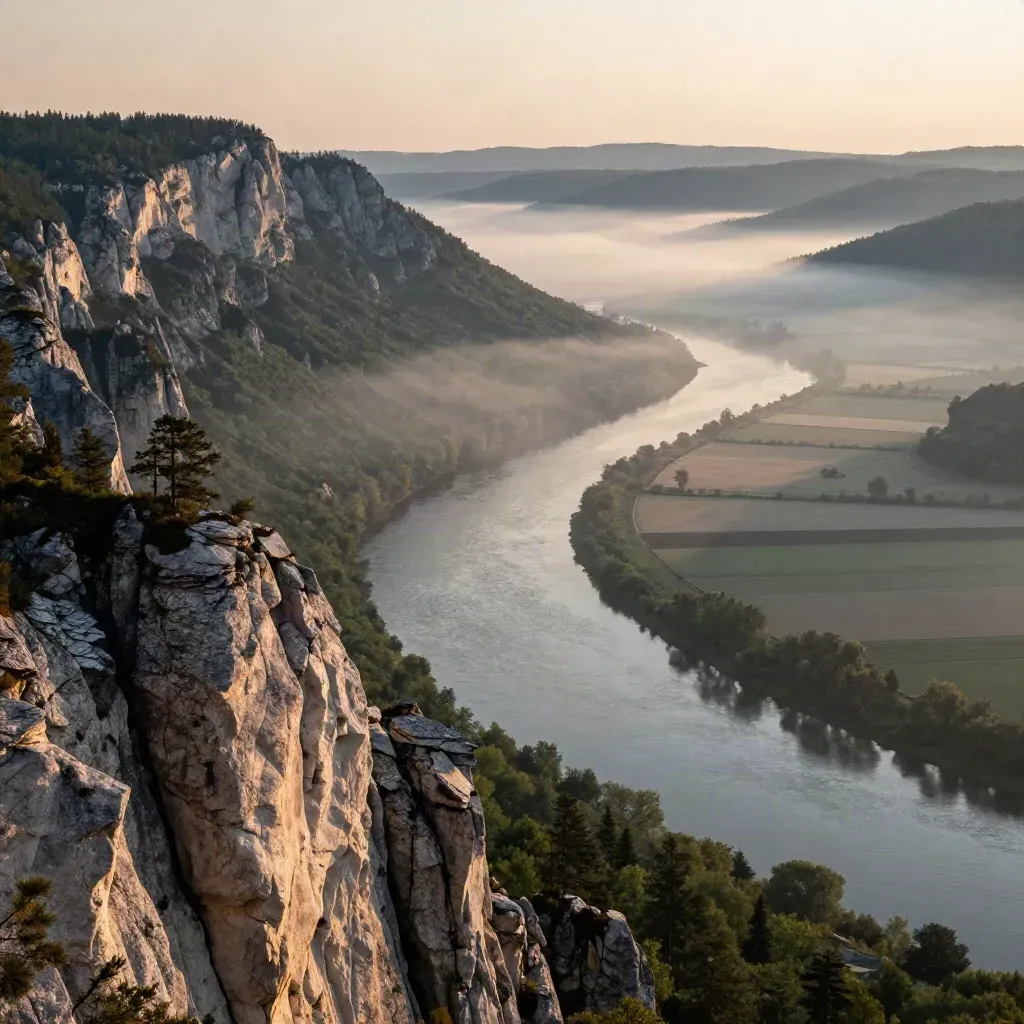 Dunajec pod Pieninami o świcie, mgła w dolinie i jasny grzbiet wapienny